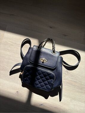 Quilted Front Pocket Navy Backpack with Chain-Detail Handle